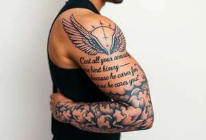 cast all your anxiety on him because he cares for you" with angels and clouds tattoo idea