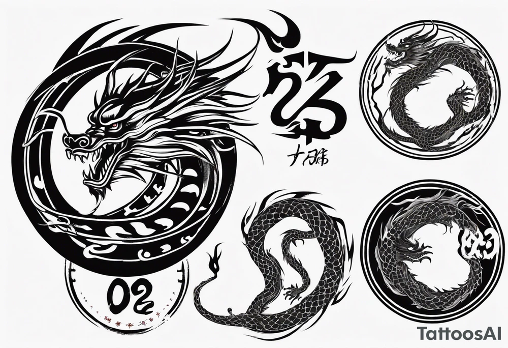 Chinese dragon in a circular shape with "02.03" written on its skin tattoo idea