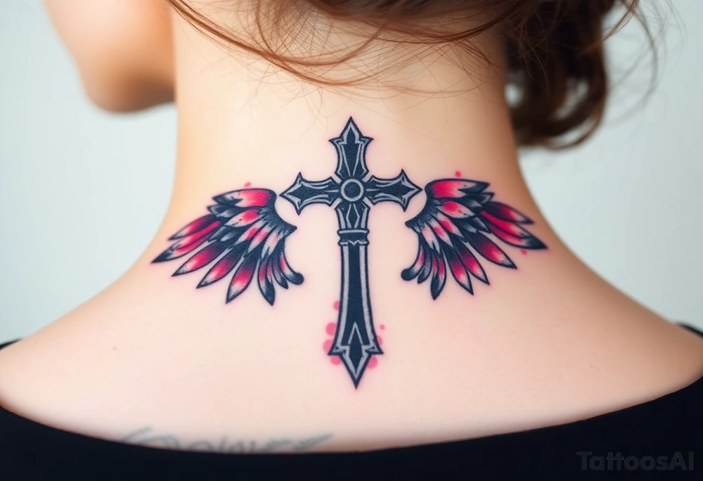 A Viking-style iron cross, with raven wings in black and deep pink tattoo idea