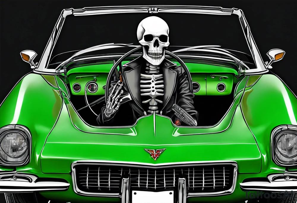 Skeleton smoking a cigarette driving a green 1976 convertible Corvette tattoo idea
