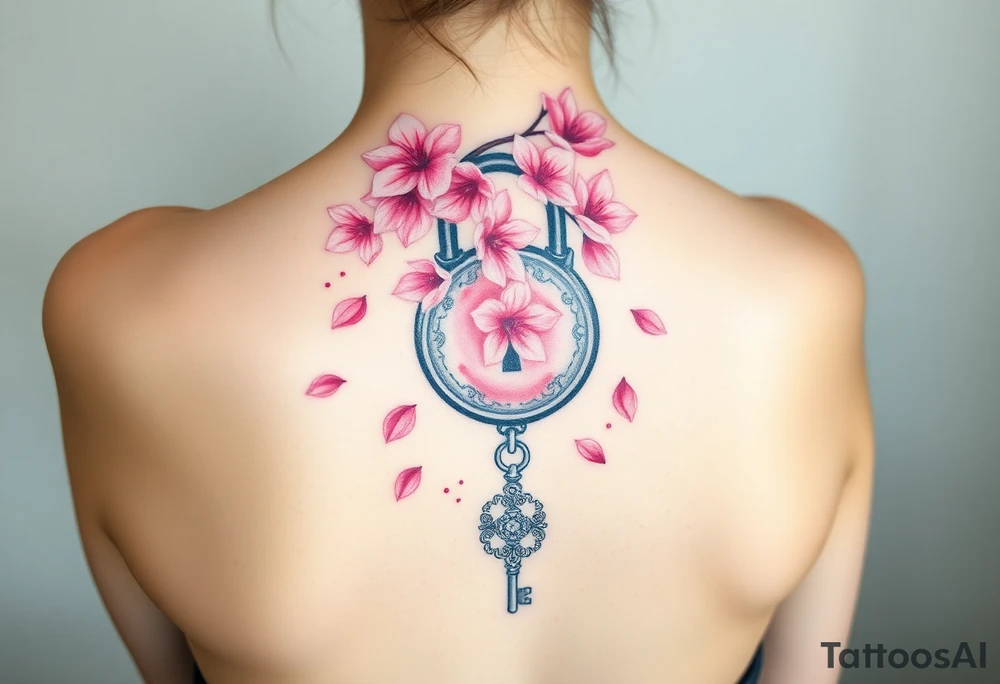 A cherry blossom lock with pink petals gently falling around it, with an intricately designed silver key flowing below unattached to the lock tattoo idea