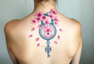 A cherry blossom lock with pink petals gently falling around it, with an intricately designed silver key flowing below unattached to the lock tattoo idea
