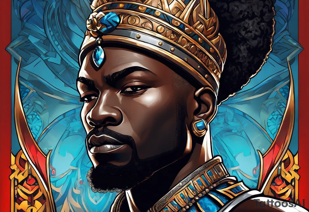 An african god, a bald black-skinned warrior, that uses a sword and a silver crown. He also uses blue and red necklaces tattoo idea