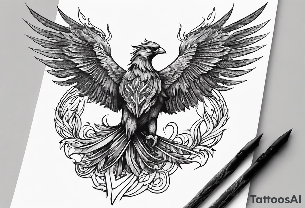 phoenix warrior silhouette with weapons tattoo idea