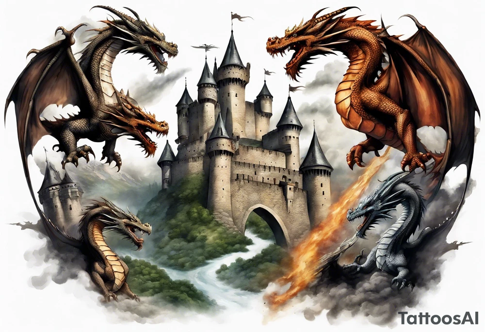 3 dragons flying around the highest part of the castle, defending it from a village with angry people, angry villagers around the castle, realistic tattoo idea