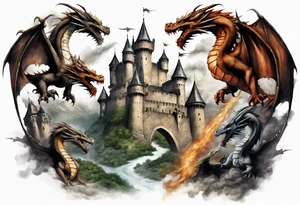 3 dragons flying around the highest part of the castle, defending it from a village with angry people, angry villagers around the castle, realistic tattoo idea