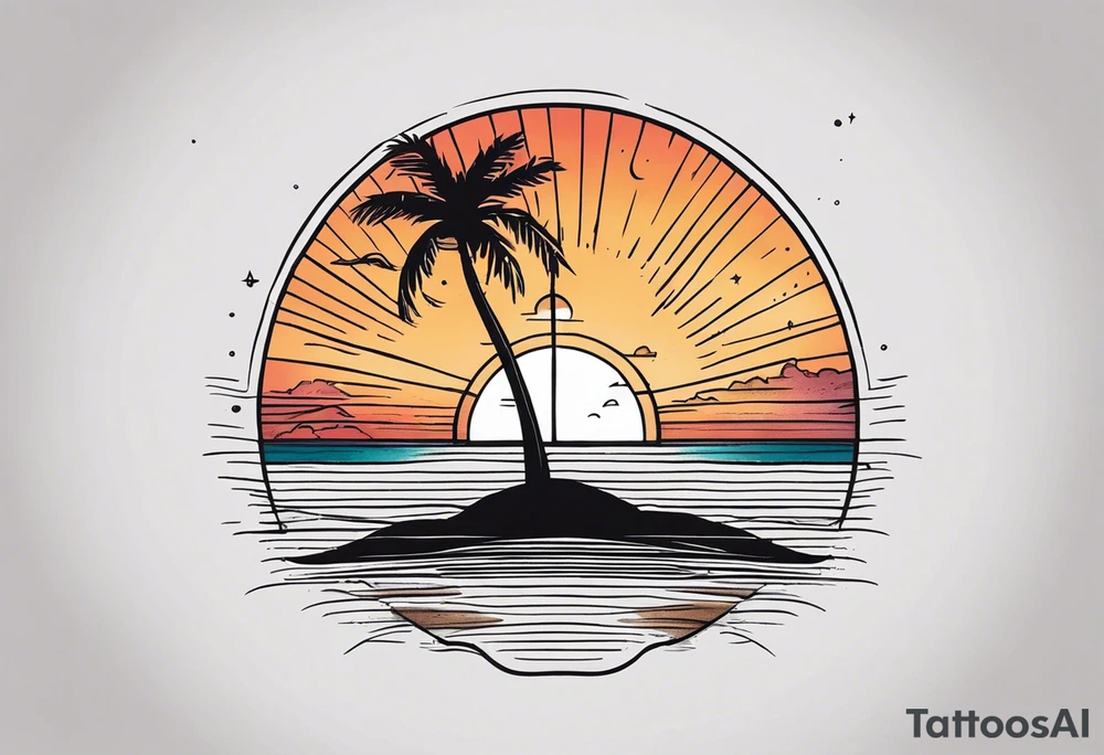 Palm tree with sunset and names in sand tattoo idea