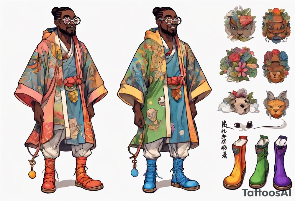 a medieval black man wearing round glasses, wearing rainbow boots, wearing a tunic tattoo idea