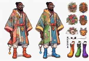 a medieval black man wearing round glasses, wearing rainbow boots, wearing a tunic tattoo idea