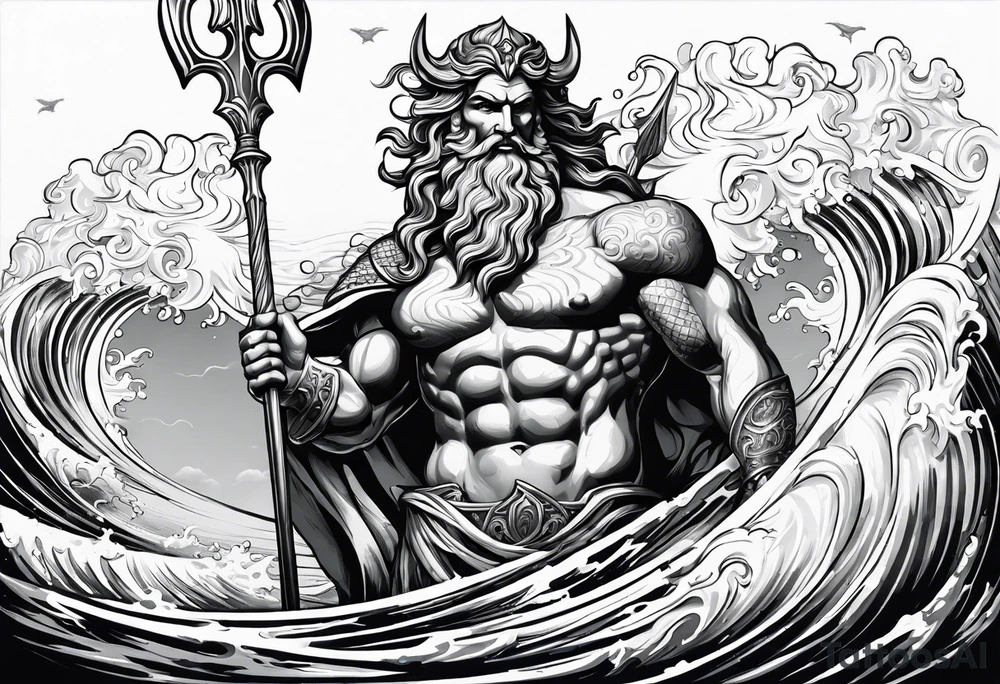 Poseidon holding his trident with waves in the background. Make Poseidon with statue features tattoo idea