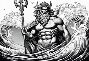 Poseidon holding his trident with waves in the background. Make Poseidon with statue features tattoo idea