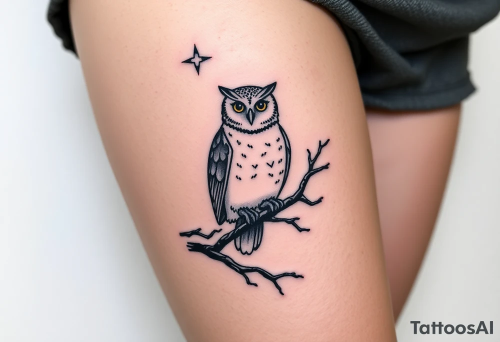 wise owl perched on ancient oak branch under starlit sky tattoo idea