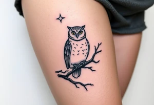 wise owl perched on ancient oak branch under starlit sky tattoo idea