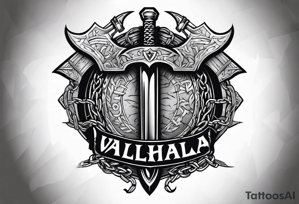 Valhalla sword round shield axe barbed wire chains dark cloud tattoo idea