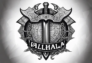 Valhalla sword round shield axe barbed wire chains dark cloud tattoo idea