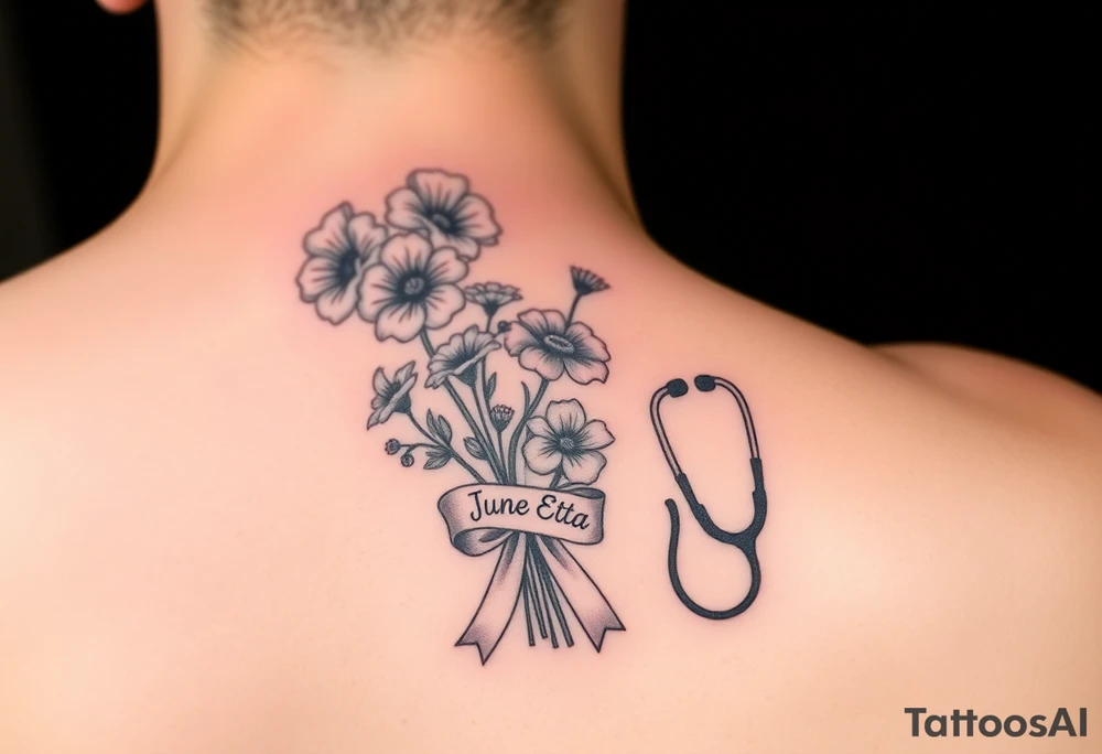 Half arm sleeve tattoo of 3 hollyhock flowers, one wild rose, 5 wild flowers in a bouquet with ribbon bow towards the bottom like the just got picked. On the ribbon include three names: June Etta, Roxy, Rosalie. Next the bouquet put a full realistic doctors stethoscope tattoo idea
