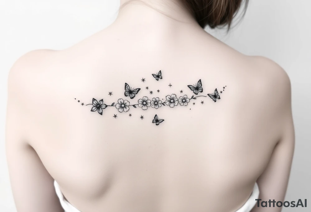 Flowers down the spine surrounded by small butterflies and sparkles tattoo idea