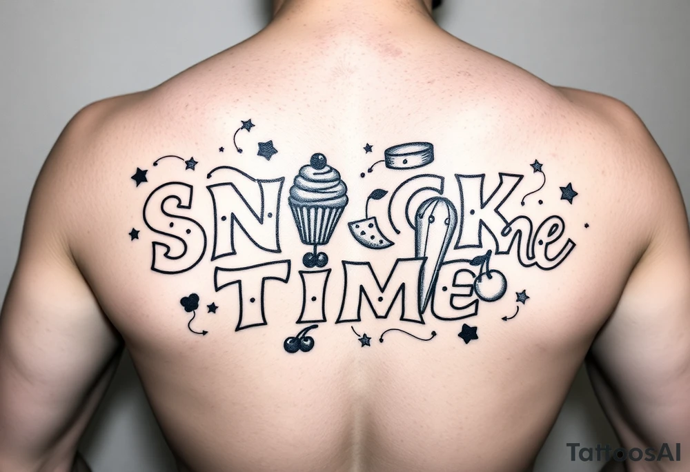 Pretty letters with lots of swooshes saying snack time with cupcakes, cherries and stars tattoo idea