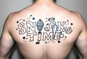 Pretty letters with lots of swooshes saying snack time with cupcakes, cherries and stars tattoo idea