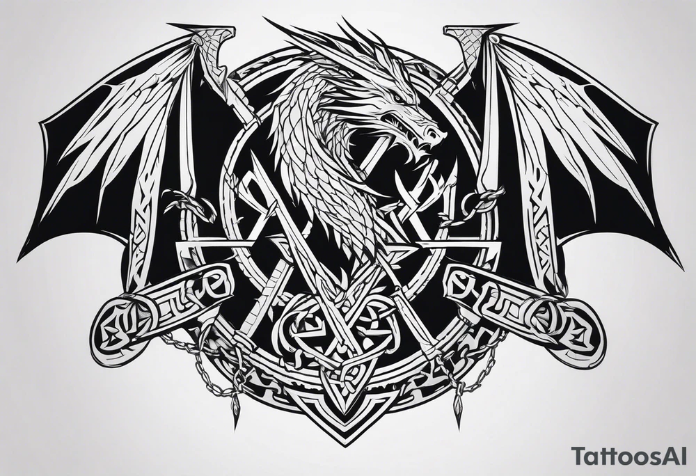 Valhalla sword shield dragon axe Valknut barbed wire chains tribal tattoo idea