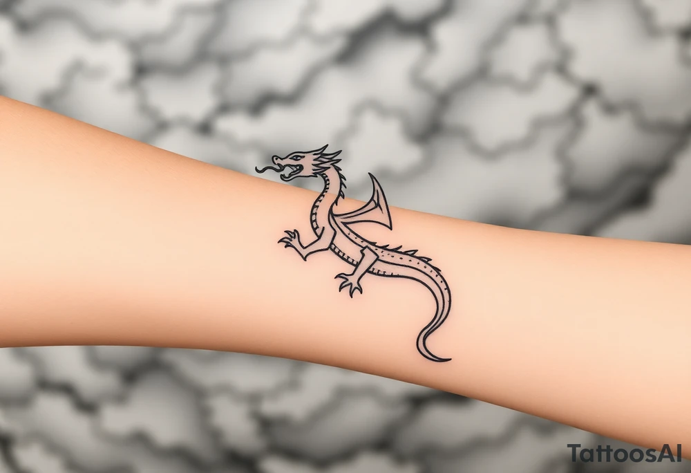 fierce dragon breathing iridescent fire against stormy skies tattoo idea