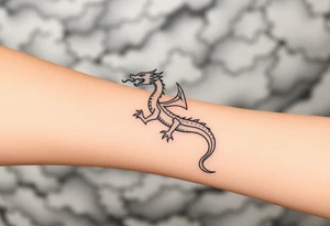 fierce dragon breathing iridescent fire against stormy skies tattoo idea