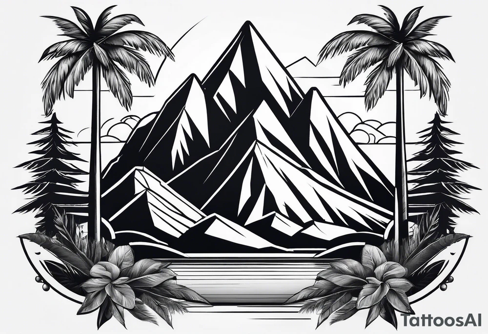 Mountains in a triangle with palm trees tattoo idea