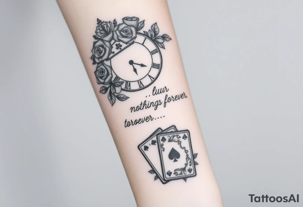 Roman clock with roses and a crown,  a quote that says nothings forever. and on the bottom a deck of cards tattoo idea