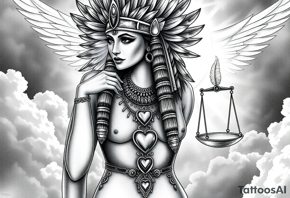 Beautiful Egyptian goddess with a curvy body and breasts. She is wearing an ostrich feather headdress, and intricate ancient Egyptian jewelry the Anhk necklace. Background includes something similar to heaven. Incorporate the Scales of Justice—one side holding a heart, the other Ma’at’s feather—glowing with ethereal energy. Emphasize dramatic lighting, deep shadows, and surreal, mystical atmosphere tattoo idea