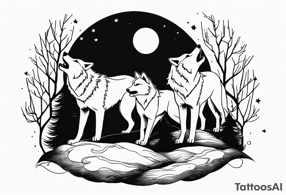 Wolfs with 4 cubs howling at blood moon tattoo idea