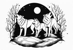 Wolfs with 4 cubs howling at blood moon tattoo idea