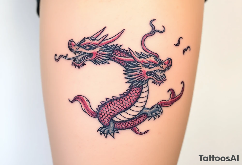 fierce dragon breathing iridescent fire against stormy skies tattoo idea
