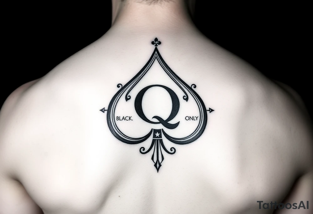 A spade womb tattoo with a Q in the center, with three points around the outside. The first reading, "BLACK". The second reading, "BABY". The third reading, "ONLY". tattoo idea