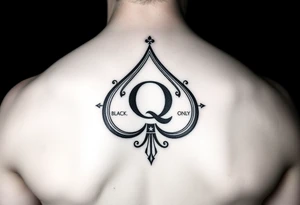 A spade womb tattoo with a Q in the center, with three points around the outside. The first reading, "BLACK". The second reading, "BABY". The third reading, "ONLY". tattoo idea