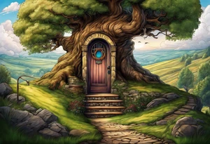 Bilbo baggins front door with steps and tree. With the words The road goes ever on and on tattoo idea