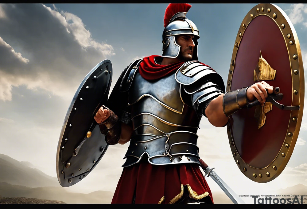 a high ranking roman centurion, soldier, AD 60, wearing armour which must include an armoured belt, breastplate, armoured shoes, shield, helmet and sword. the soldier is strong, tall, large, fit, muscular. the soldier is faceless. We can see the full body of the centurion, from his shoes to his helmet. The soldier is mid-battle, fending off flaming arrows with his shield, advancing towards the enemy, attacking the enemy. attacking pose. The image should be extremely detailed. Need to see the full soldier. tattoo idea