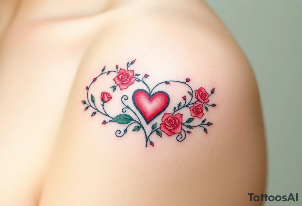A infinity symbol with vine and delicate roses and a heart at its center, in soft red and green hues tattoo idea