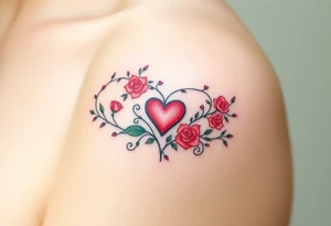 A infinity symbol with vine and delicate roses and a heart at its center, in soft red and green hues tattoo idea