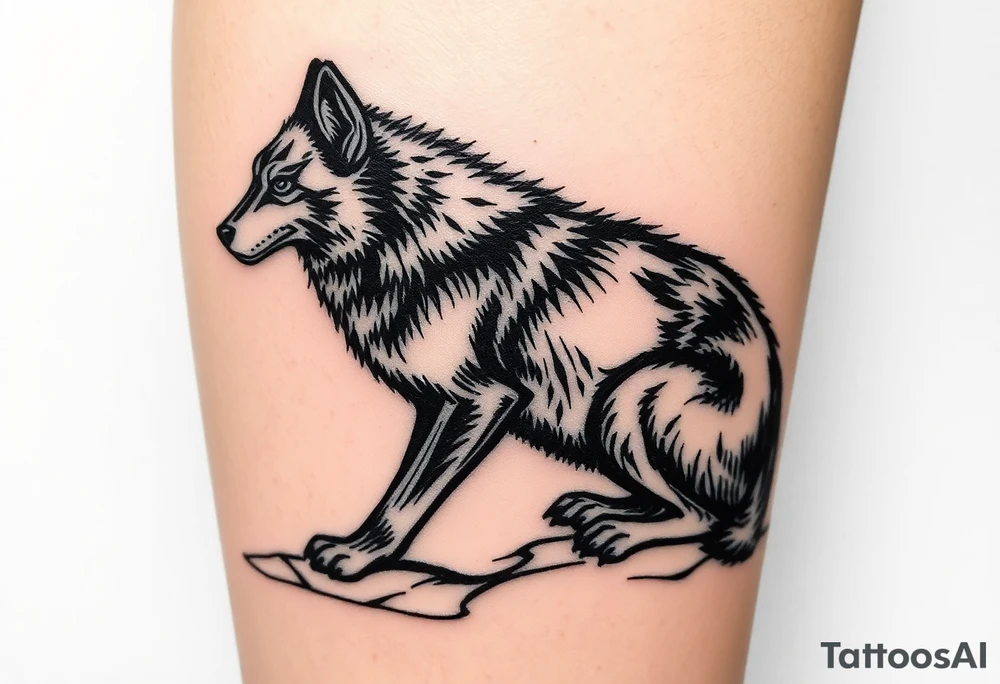 black wolf, sitting rooted waiting to be unleashed on lower leg tattoo idea