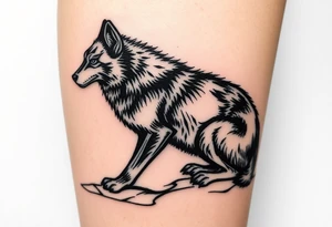 black wolf, sitting rooted waiting to be unleashed on lower leg tattoo idea