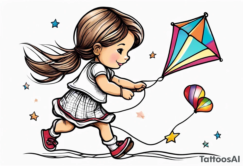 whimsical picture of a little girl flying a kite and holding a teddy bear tattoo idea