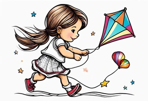 whimsical picture of a little girl flying a kite and holding a teddy bear tattoo idea
