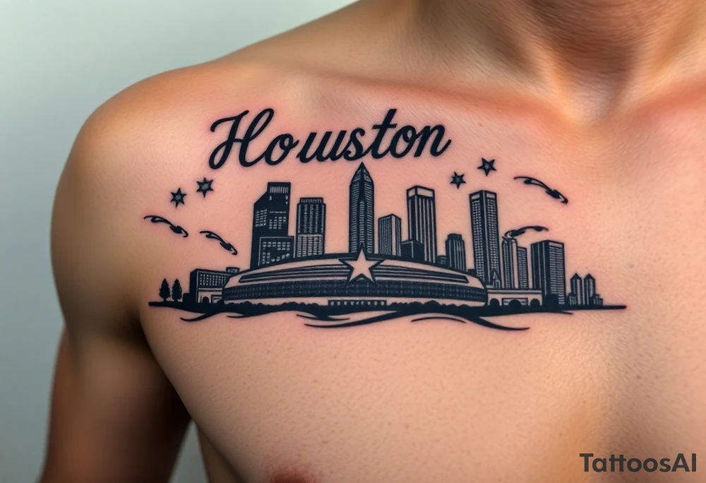 Houston texas skyline Behind houston astrodome, stars nighttime stars and clouds, Houston cursive in sky, Houston Astros star,fill in smoke stars in space, shooting astros star, shooting Houston rockets, money tattoo idea