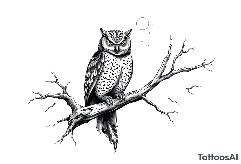 wise owl perched on ancient oak branch under starlit sky tattoo idea