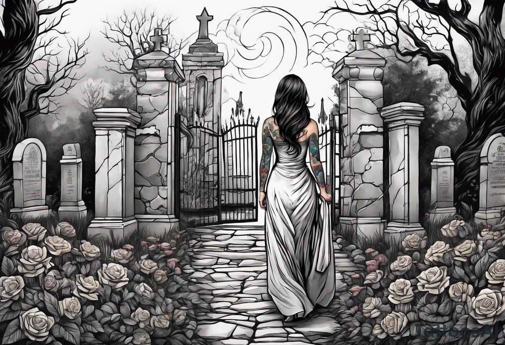 Woman walking out of a graveyard  leaving her old terrifying past behind her tattoo idea