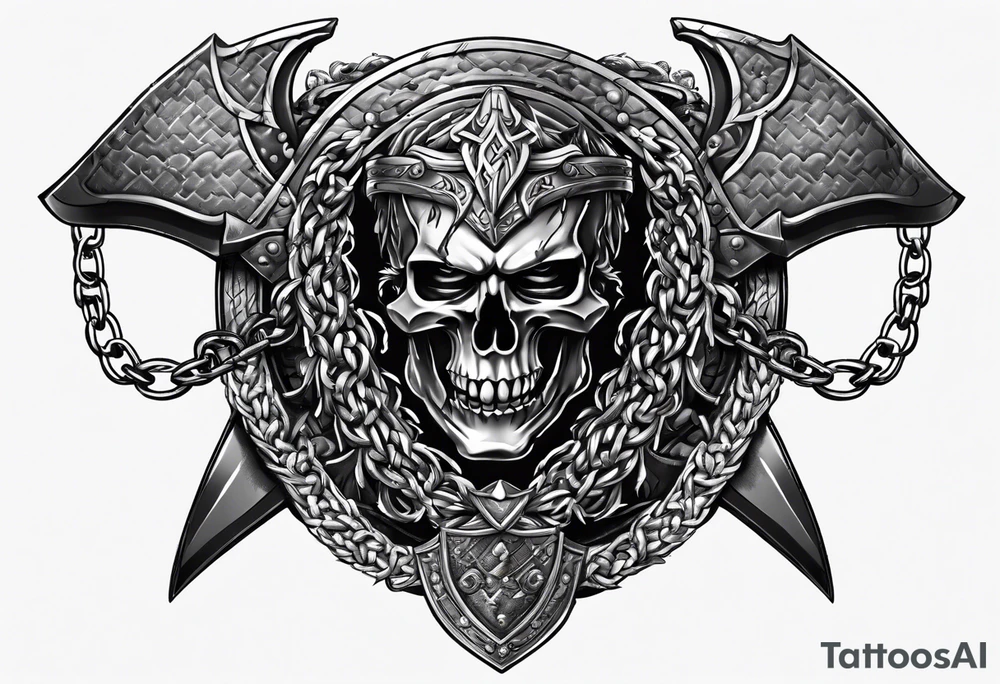 Valhalla sword shield axe barbed wire chains dark cloud tattoo idea