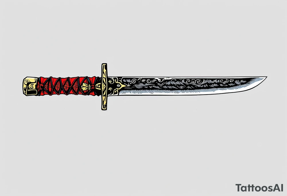 Samurai Dagger (Tanto Blade) – A traditional Japanese tanto dagger with a red and black wrapped hilt, featuring golden accents. The blade is polished steel with a faint wave pattern, representing a finely crafted katana. tattoo idea