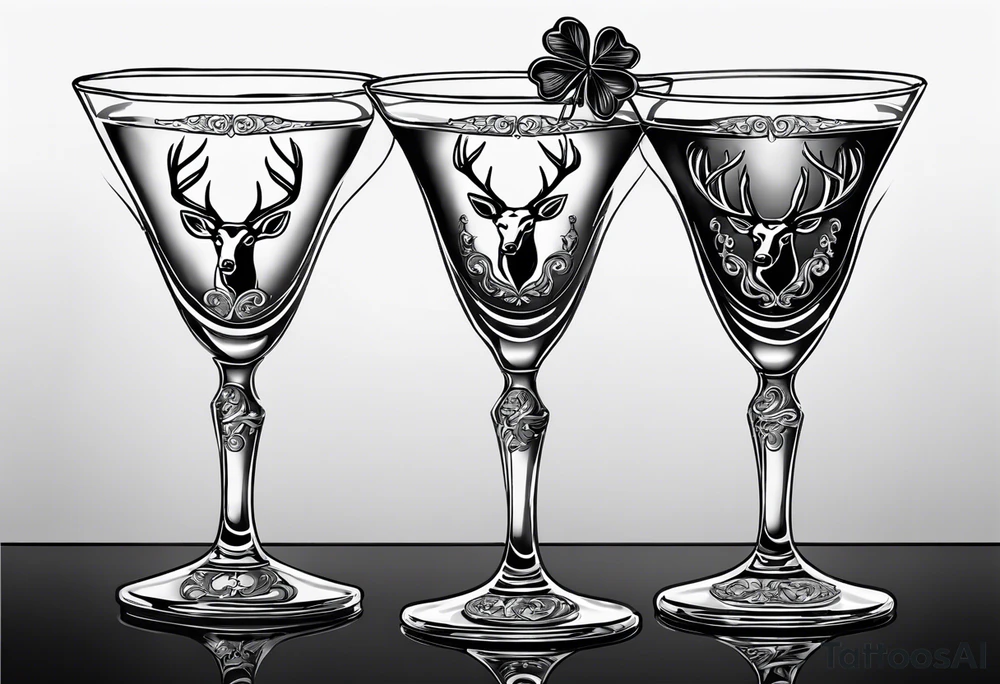 two glasses cheersing, one glass has a shamrock on it, the others a set of antlers tattoo idea