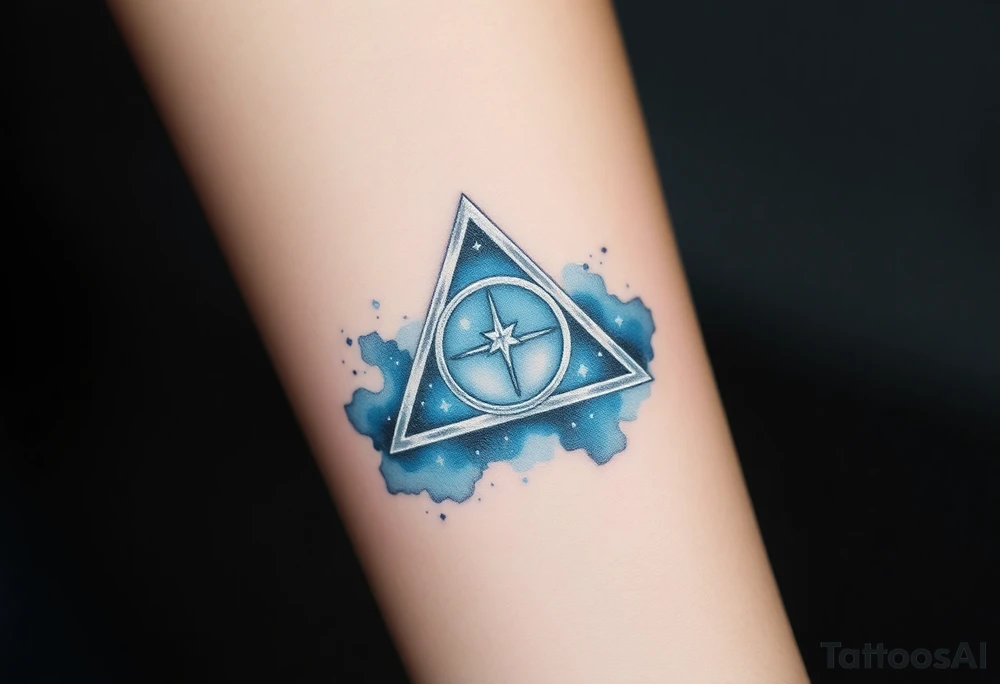 A Deathly Hallows full symbol floating within a starry night sky, its edges glowing in soft silver and deep cosmic blue tattoo idea