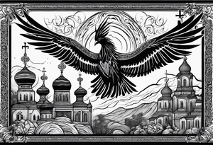 russian firebird in-flight with long fancy tail and 3 small onion cap monastery towers in background, with "Isaiah 43: 18-19" tattoo idea